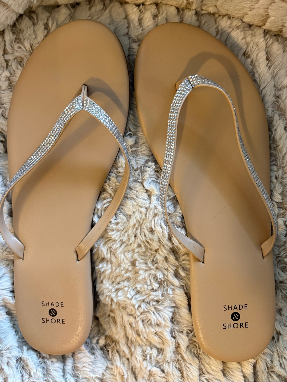 Shade & Shore Tan Rhinestone T-Strap Sandals